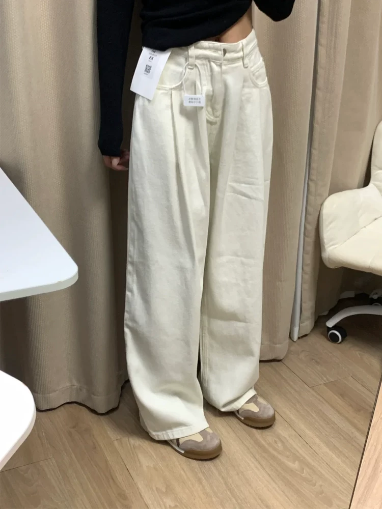 Quần jean ống rộng màu trắng dành cho nữ, mùa xuân hè, cỡ lớn, lưng cao, dáng rộng, thon gọn, dáng quả lê, ống thẳng, quần dài chạm sàn