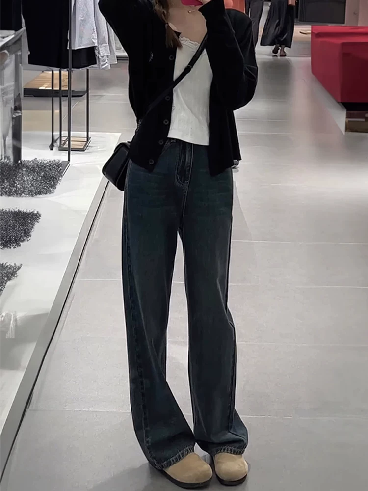 Quần jean ống thẳng màu xám xanh dành cho nữ, phong cách mới đầu thu, cỡ lớn, lưng cao, dáng rộng, che hông, giảm béo, quần dài ống rộng