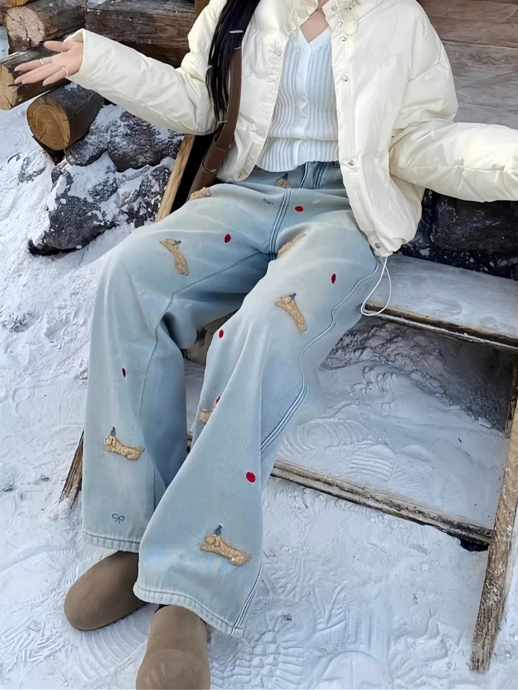 Quần jean ống đứng thêu hình chó dachshund dành cho nữ, mùa thu đông, cỡ lớn, lót lông cừu, lưng cao, dáng rộng, giảm béo, ống rộng, quần dài đến sàn