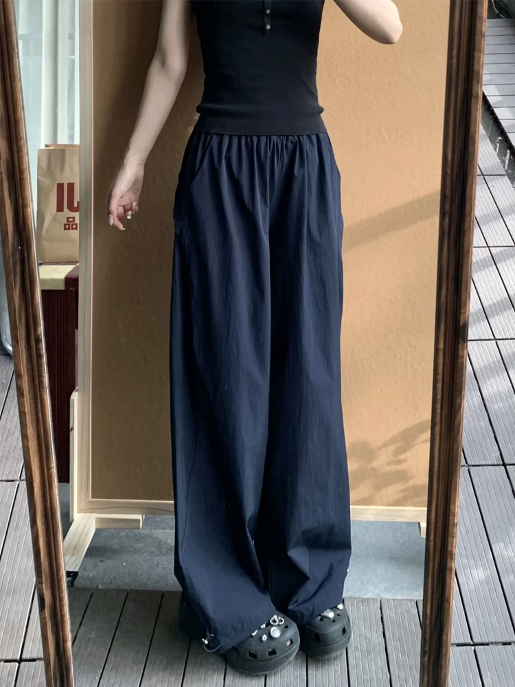 Quần cargo ống thẳng màu xanh hải quân dành cho nữ, phong cách cổ điển Mỹ, cỡ lớn mùa hè, lưng cao, dáng rộng, dáng suông, quần ống rộng thông thường.