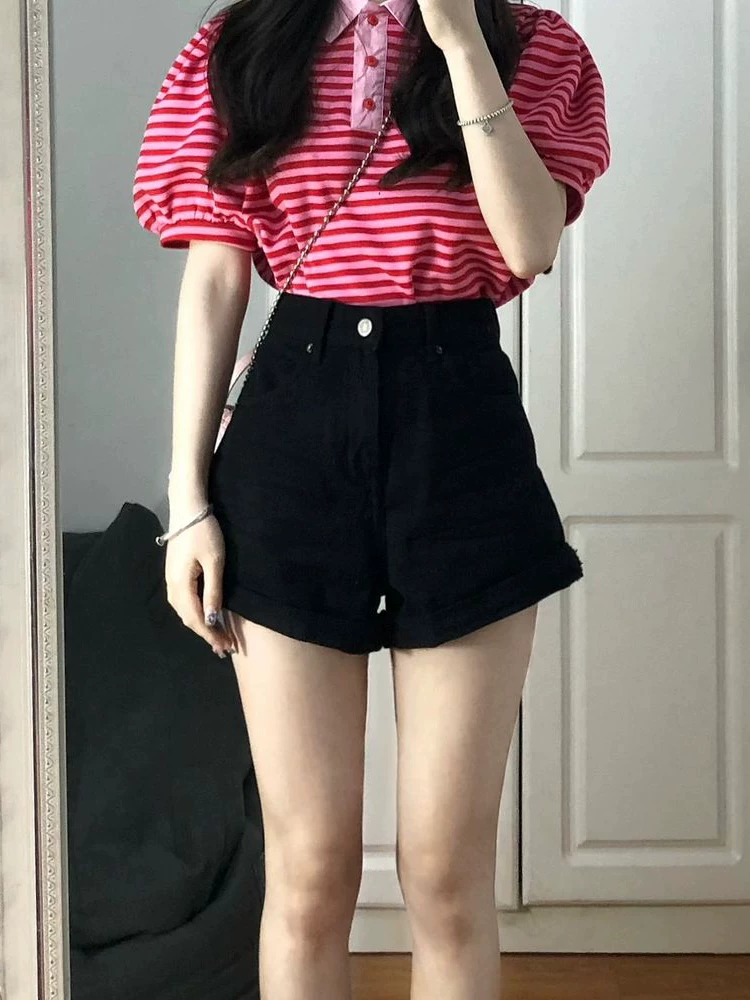 Quần short denim dáng chữ A, cạp cao, chất liệu co giãn, che hông, kiểu dáng rộng, dành cho nữ, size lớn, mùa hè, kiểu dáng quả lê, viền quần được gấp.