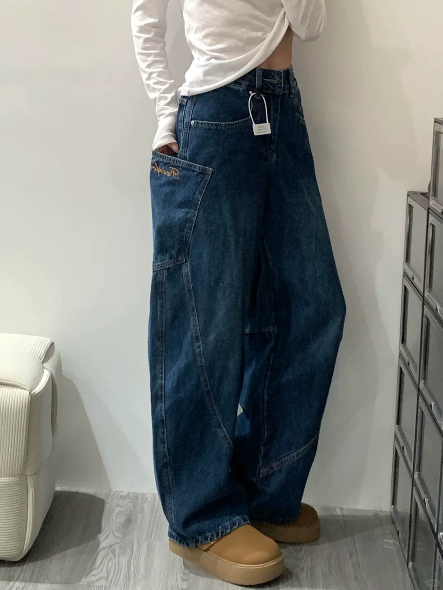 Quần jeans kiểu Mỹ cổ điển mùa thu 2025, size lớn, cạp cao, dáng rộng, tôn dáng, ống rộng