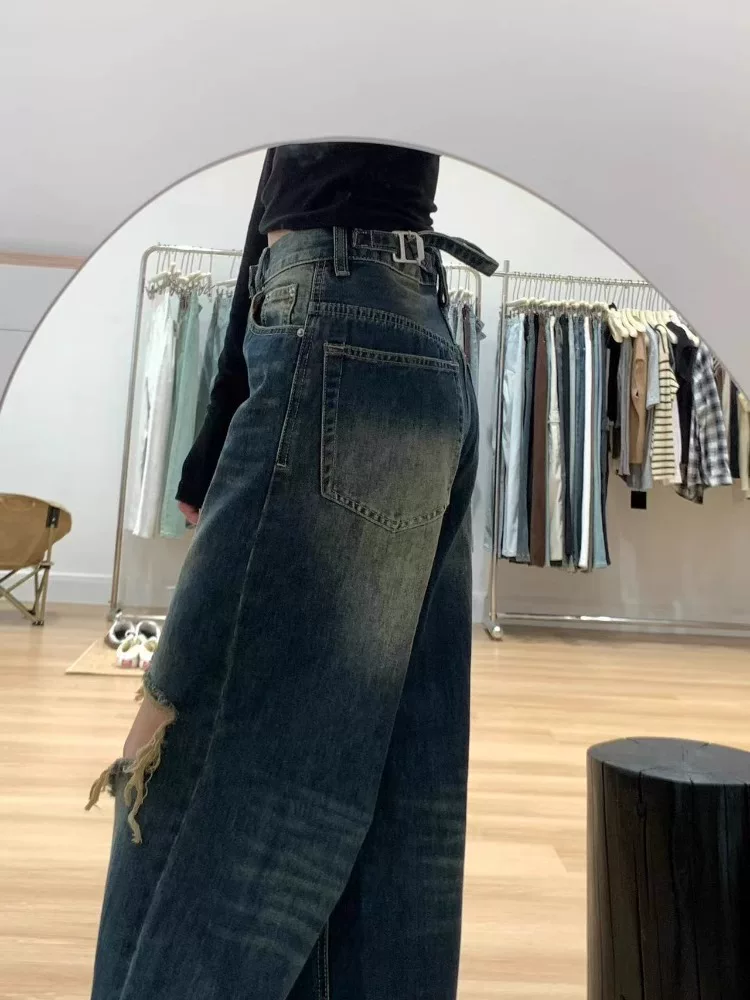 Quần jean rách kiểu Mỹ cổ điển dành cho nữ, kiểu dáng mỏng mùa hè, cỡ lớn, lưng cao, dáng rộng, quần ống rộng giúp thon gọn