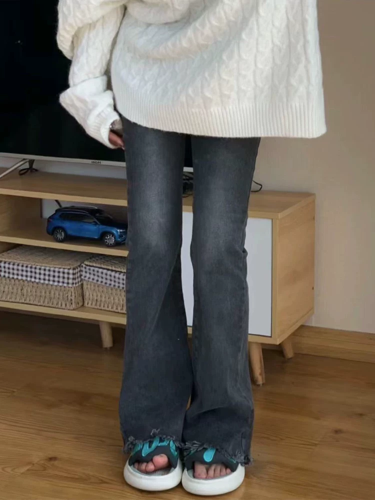 Quần jean ống loe màu đen và xám dành cho nữ, mặc đầu thu, cỡ lớn, lưng cao, co giãn, che hông, giảm béo, quần ống loe viền xù.