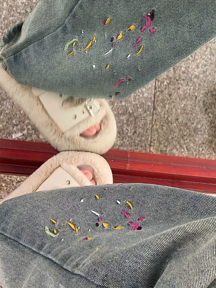 Quần jean ống thẳng thêu hình quả lê dành cho nữ, cỡ lớn, mặc đầu thu, lưng cao, dáng rộng, che hông, quần ống rộng giảm béo