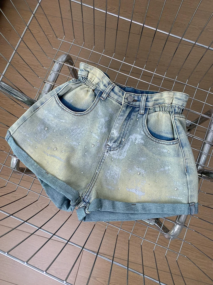 Quần short denim viền lượn sóng dành cho nữ, size lớn mùa hè, kiểu dáng thời trang đính đá cao cấp, cạp cao, dáng rộng, tôn dáng, quần ống rộng chữ A