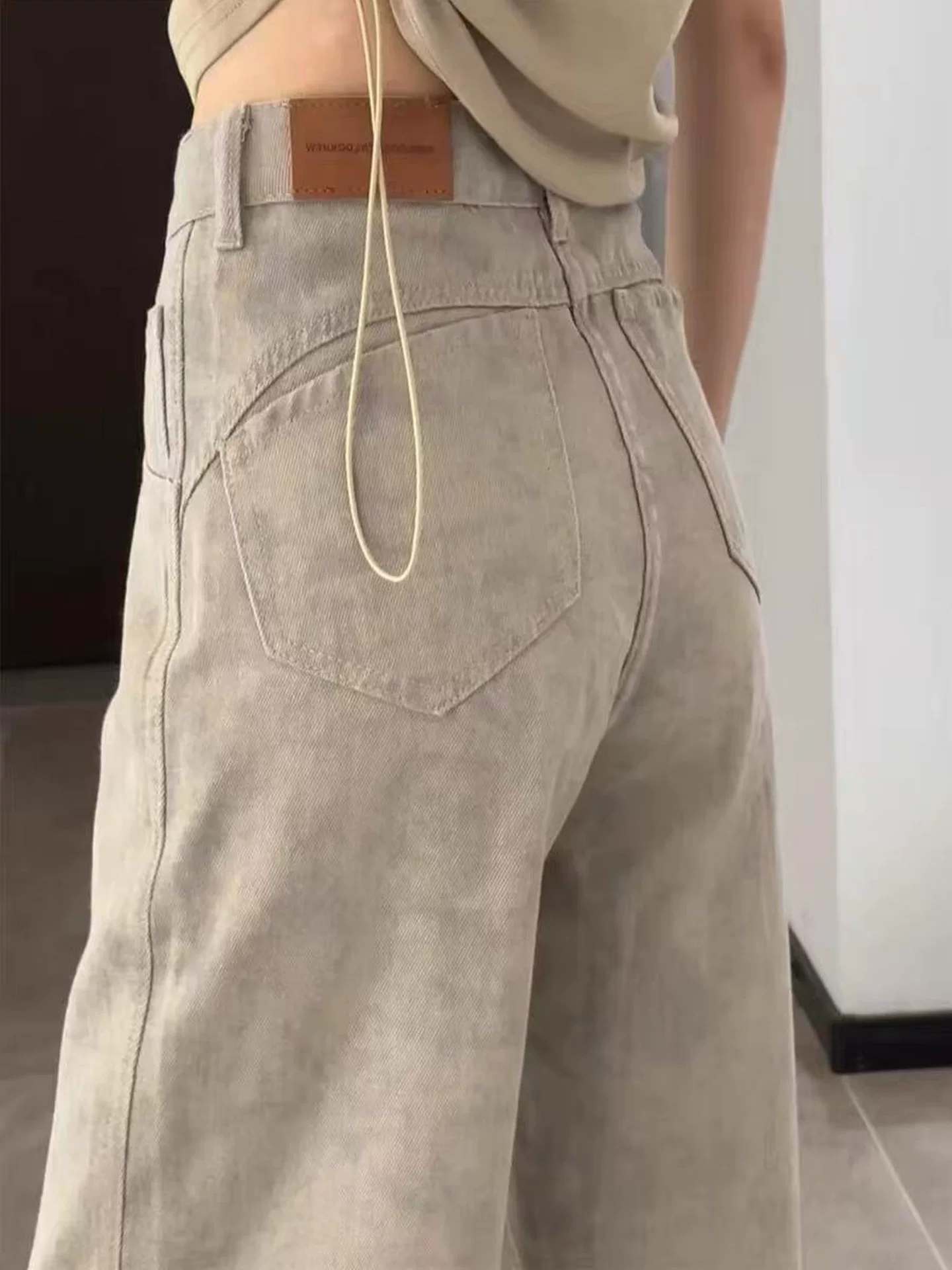 Quần jean ống đứng nhuộm màu cổ điển dành cho nữ, mùa thu, cỡ lớn, lưng cao, dáng rộng, che hông, giảm béo, quần ống rộng kiểu kiếm