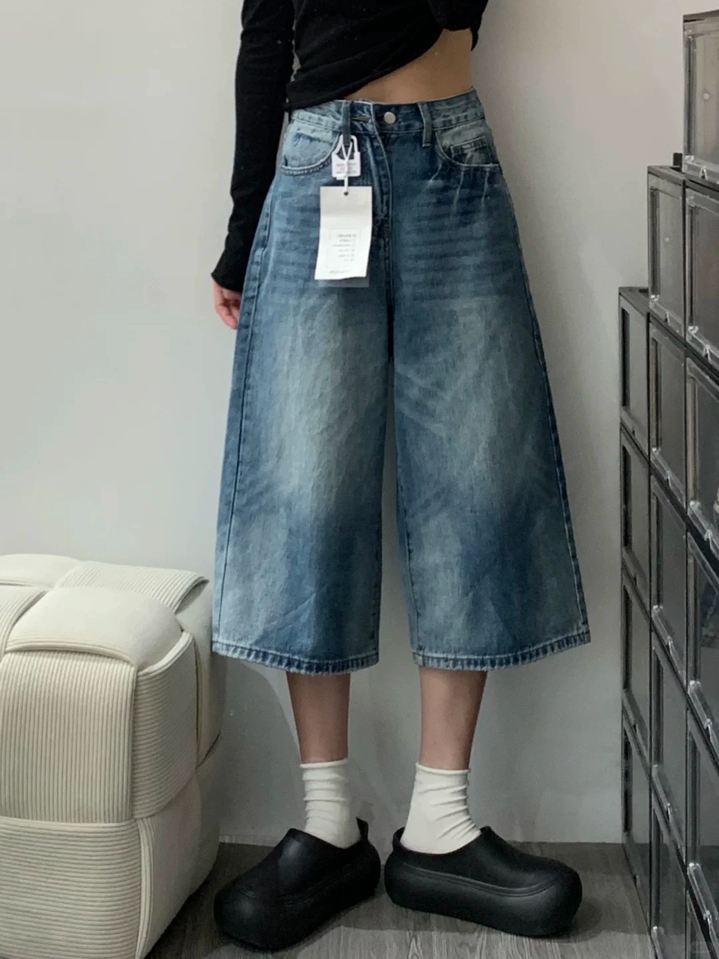 Quần denim crop kiểu cổ điển Mỹ dành cho nữ, cỡ lớn mùa hè, lưng cao, dáng rộng, tôn dáng, dáng quả lê, quần ống rộng dài tám phần.