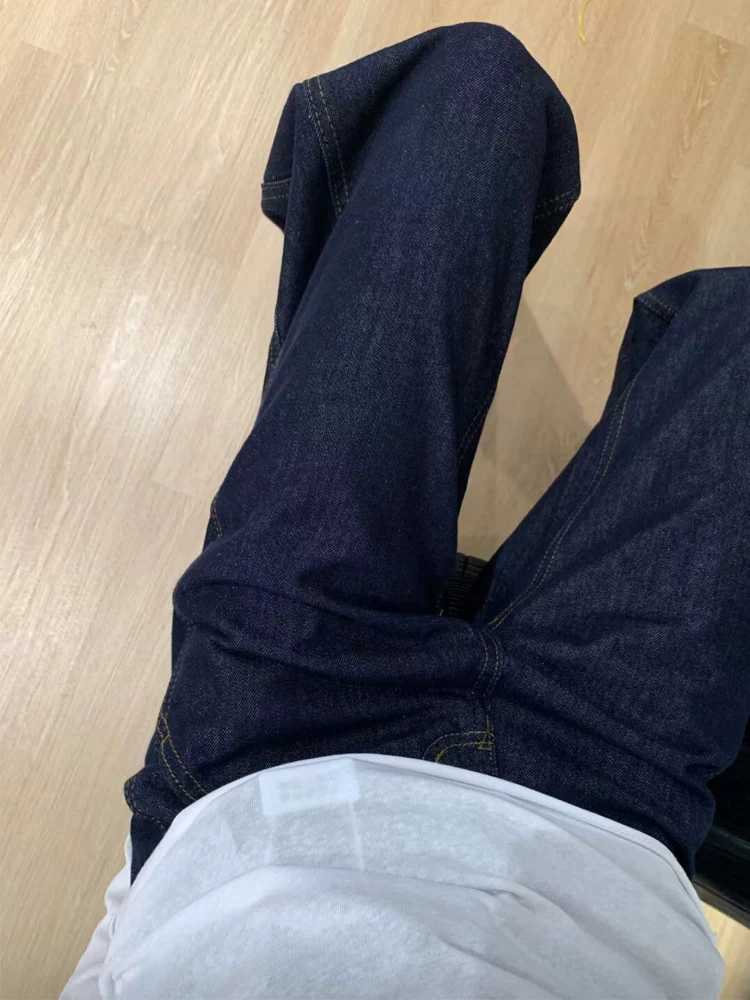 Quần jean ống đứng màu xanh đậm dáng quả lê dành cho nữ đầu thu cỡ lớn quần ống rộng che hông eo cao giúp giảm béo