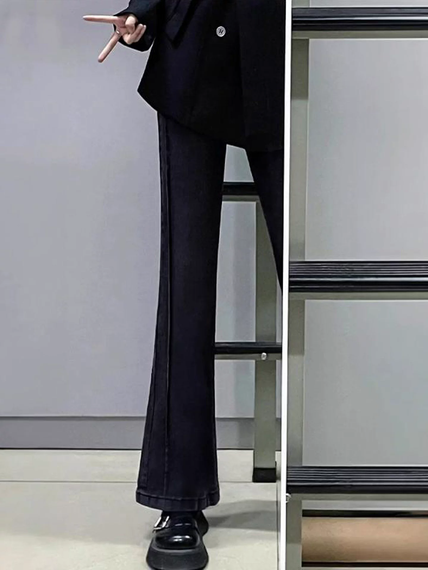 Quần jean ống đứng xòe dành cho nữ, mùa thu, cỡ lớn, cạp cao, co giãn, che hông, thon gọn, dáng quả lê, quần ống loe