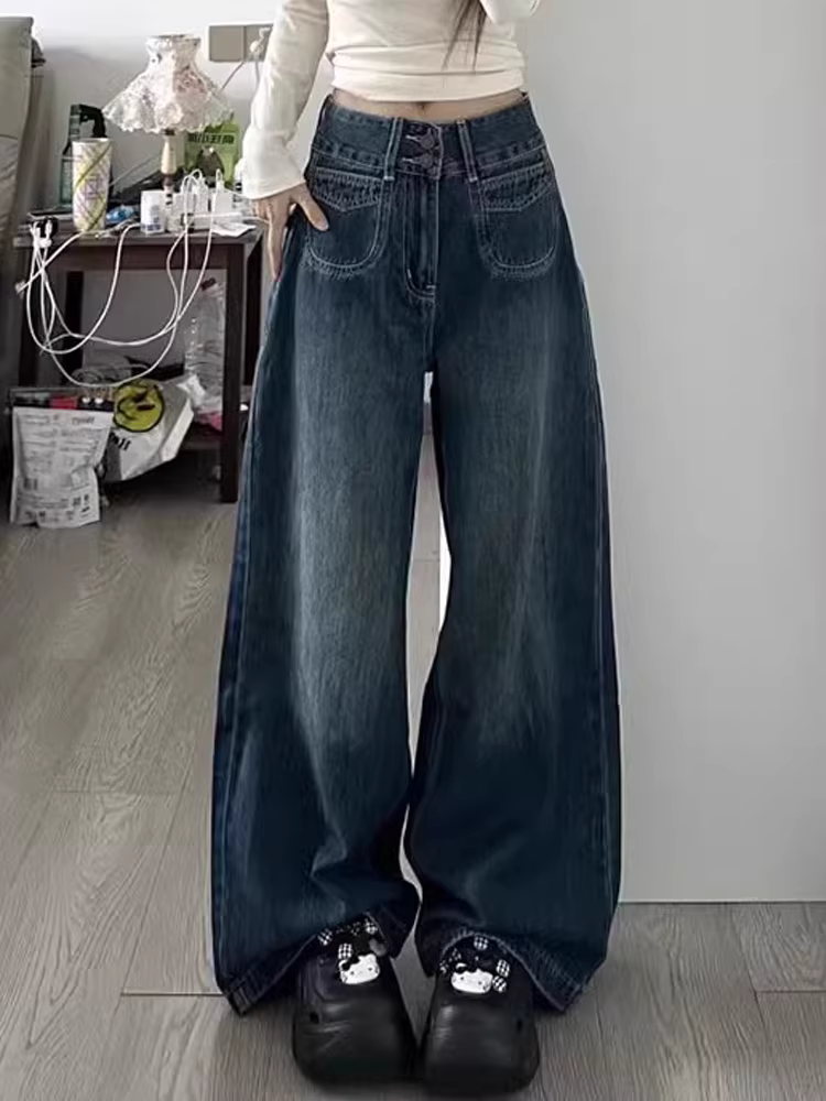 Quần jean ống rộng dành cho nữ có hông và đùi dày, phong cách đầu xuân, cỡ lớn, lưng cao, dáng rộng, mềm mại, tôn dáng, ống thẳng, quần dài chạm sàn