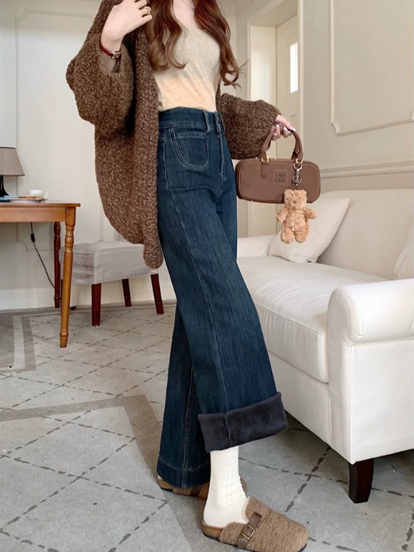 Quần jean ống loe dày lót lông cừu cổ điển dành cho nữ, mùa thu đông, cỡ lớn, lưng cao, co giãn, che hông, giảm béo, quần ống chuông