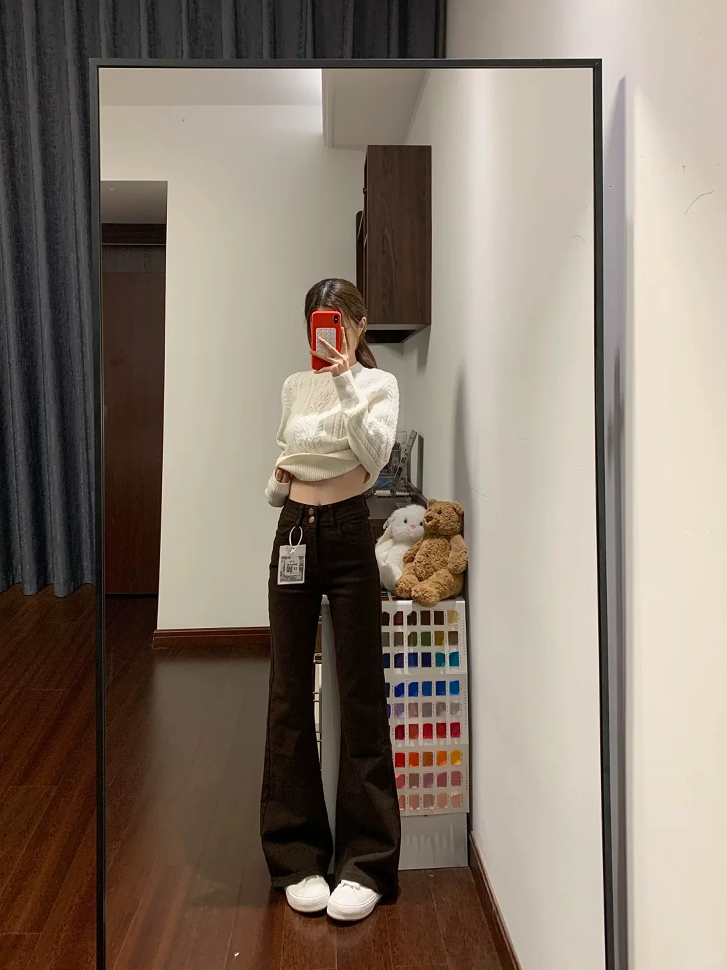 Quần jean ống loe màu cà phê Melard dành cho nữ, mùa thu đông, cỡ lớn, lưng cao, che bụng, giảm béo, quần ống loe lót lông cừu.