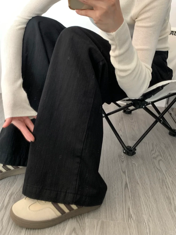 Quần jean đen xếp ly ống rộng cho nữ, mùa thu, cỡ lớn, lưng cao, dáng rộng, che hông, tôn dáng, chất liệu có vân, quần dài chạm sàn