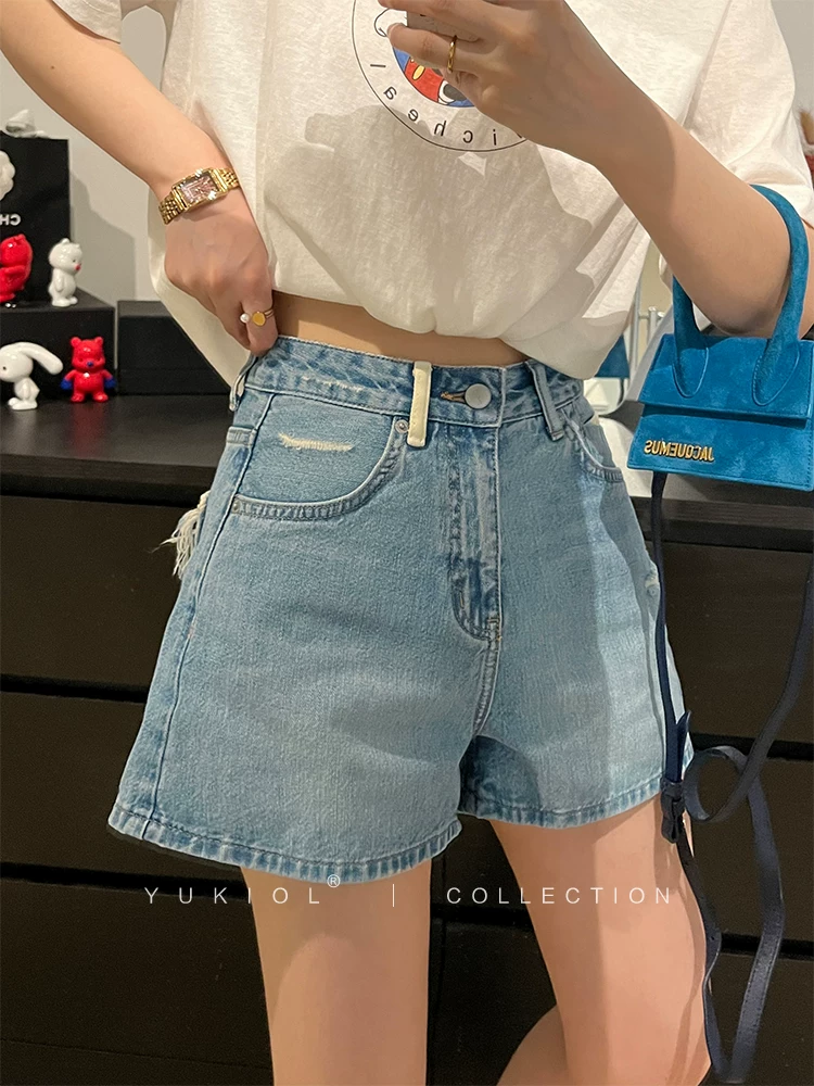 Quần short denim dáng lê dành cho nữ, size lớn mùa hè, chất liệu mỏng, cạp cao, dáng rộng, tôn dáng, quần ống rộng xẻ rách kiểu chữ A