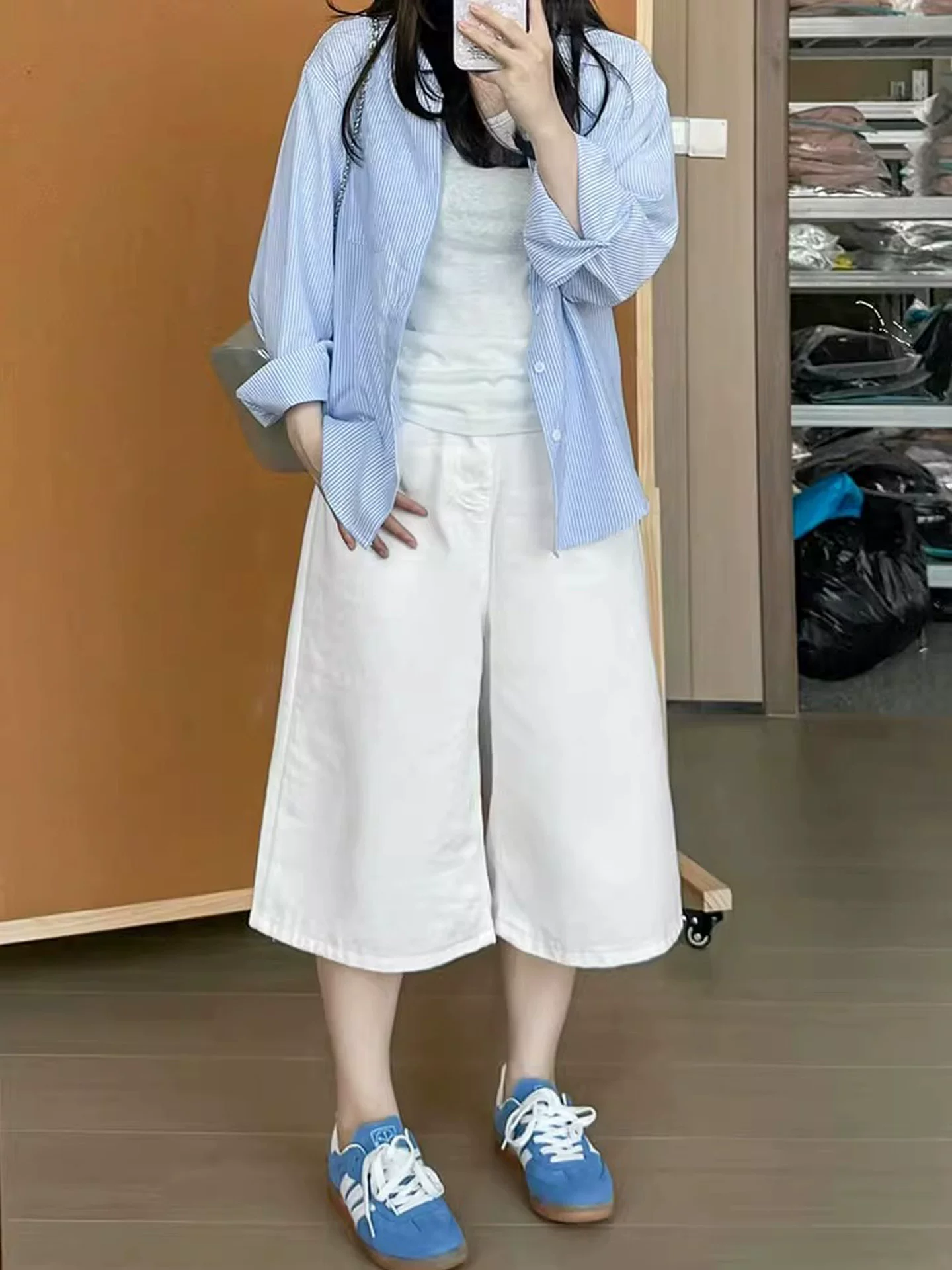 Quần jean ống rộng màu trắng dành cho nữ, size lớn mùa hè, cạp cao, dáng rộng, tôn dáng, dành cho người có thân hình hình quả lê, ống thẳng, quần lửng.