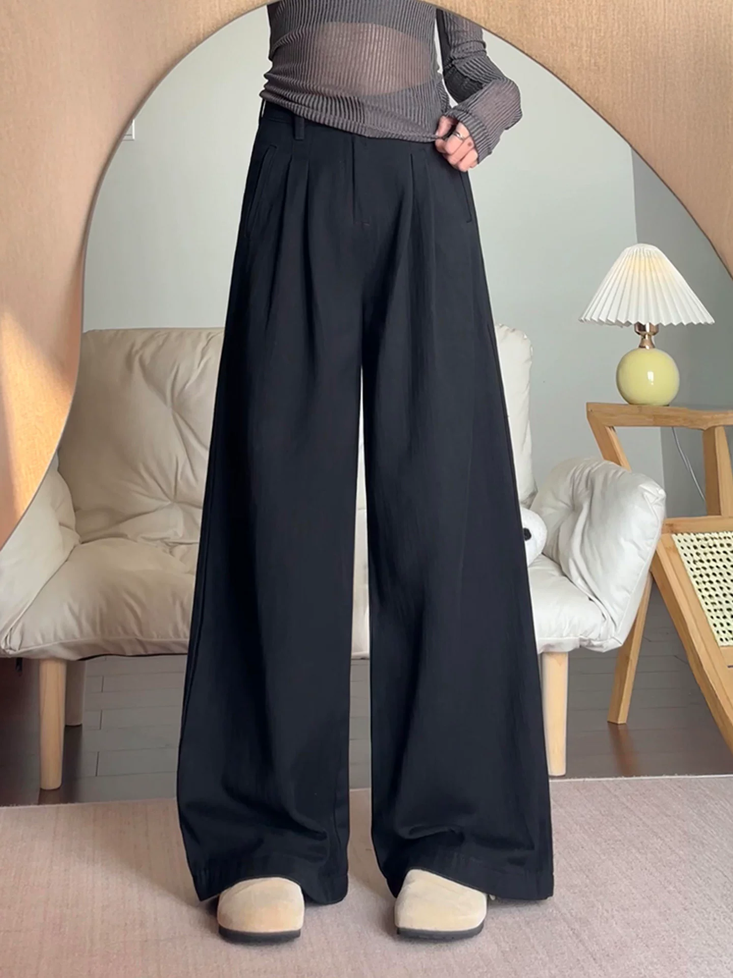 Quần jean ống rộng màu đen dành cho nữ, phong cách mùa thu mới, cỡ lớn, lưng cao, dáng rộng, giảm béo, dáng quả lê, quần dài đến sàn