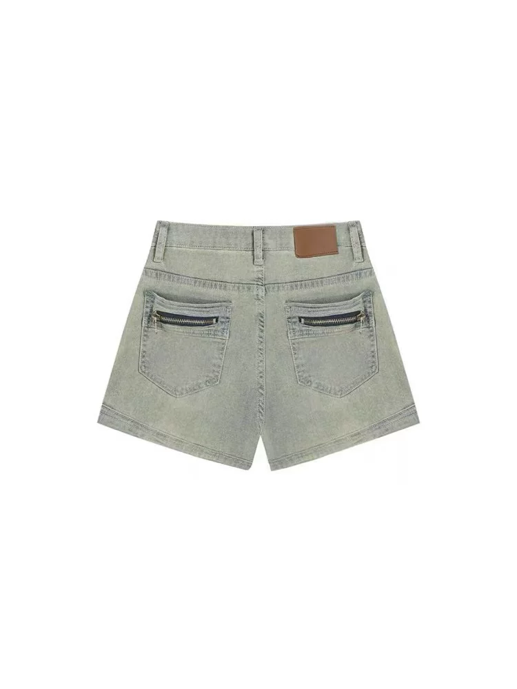 Quần short denim cổ điển kiểu Mỹ dành cho nữ, kiểu dáng mỏng mùa hè, cỡ lớn, lưng cao, che hông, giảm béo, quần ống rộng chữ A kiểu hot girl