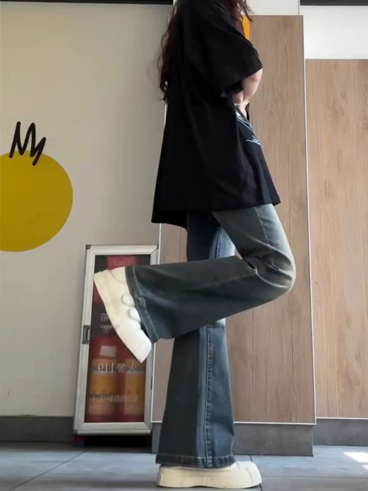 Quần jean ống đứng dáng chữ lê kiểu retro dành cho nữ đầu thu, size lớn, cạp cao, co giãn, tôn dáng, kiểu bootcut