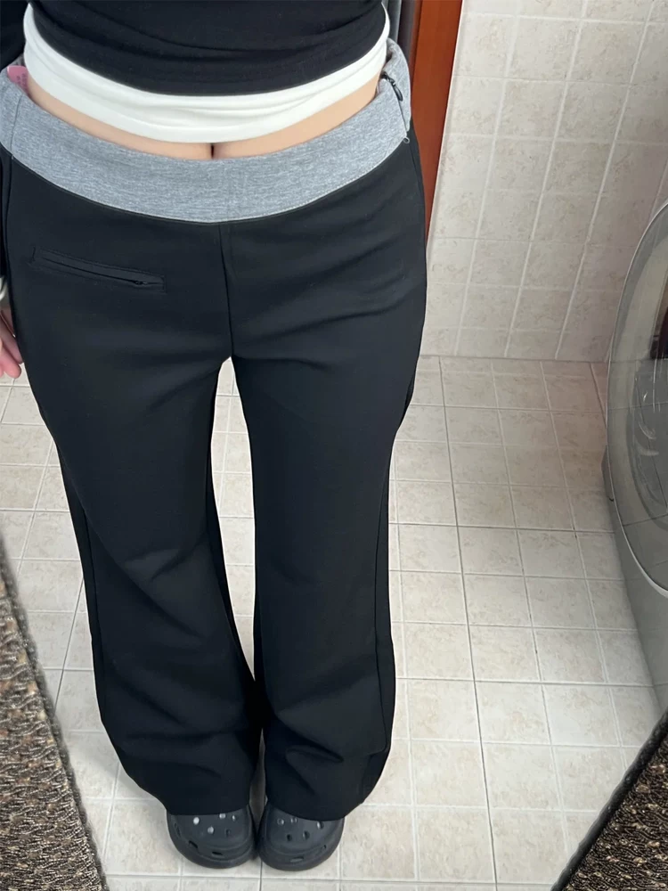 Quần thể thao nữ ống rộng, phối màu đen, kiểu dáng xuông, chất liệu thun, size lớn, lưng cao, rộng rãi, tôn dáng, mùa xuân 2025