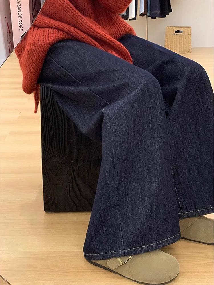 Quần jean ống rộng màu xanh đậm dành cho nữ, kiểu dáng mùa xuân mới, cỡ lớn, lưng cao, tôn dáng, giản dị, rộng rãi, mềm mại, quần dài chạm sàn.