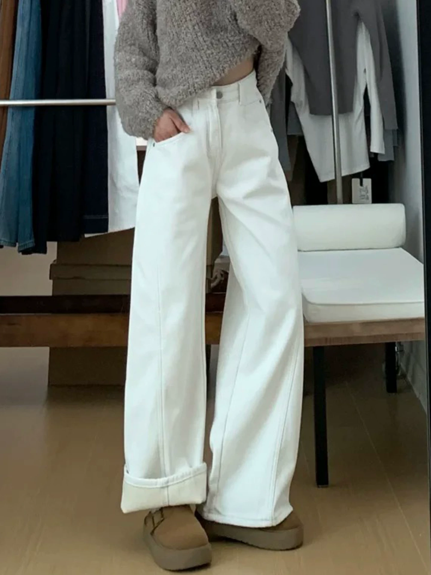 Quần jean nữ ống rộng màu trắng, lót lông cừu mùa đông, dày dặn, size lớn, cạp cao, dáng rộng, mềm mại, tôn dáng, quần ống rộng.