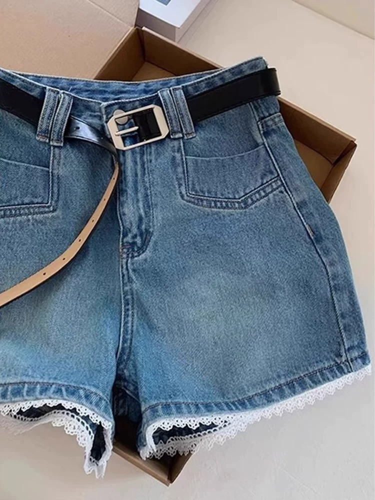 Quần short denim xanh vintage nữ mùa hè 2025, size lớn, cạp cao, dáng rộng, tôn dáng, kiểu dáng chữ A, ống rộng, quần short ngắn