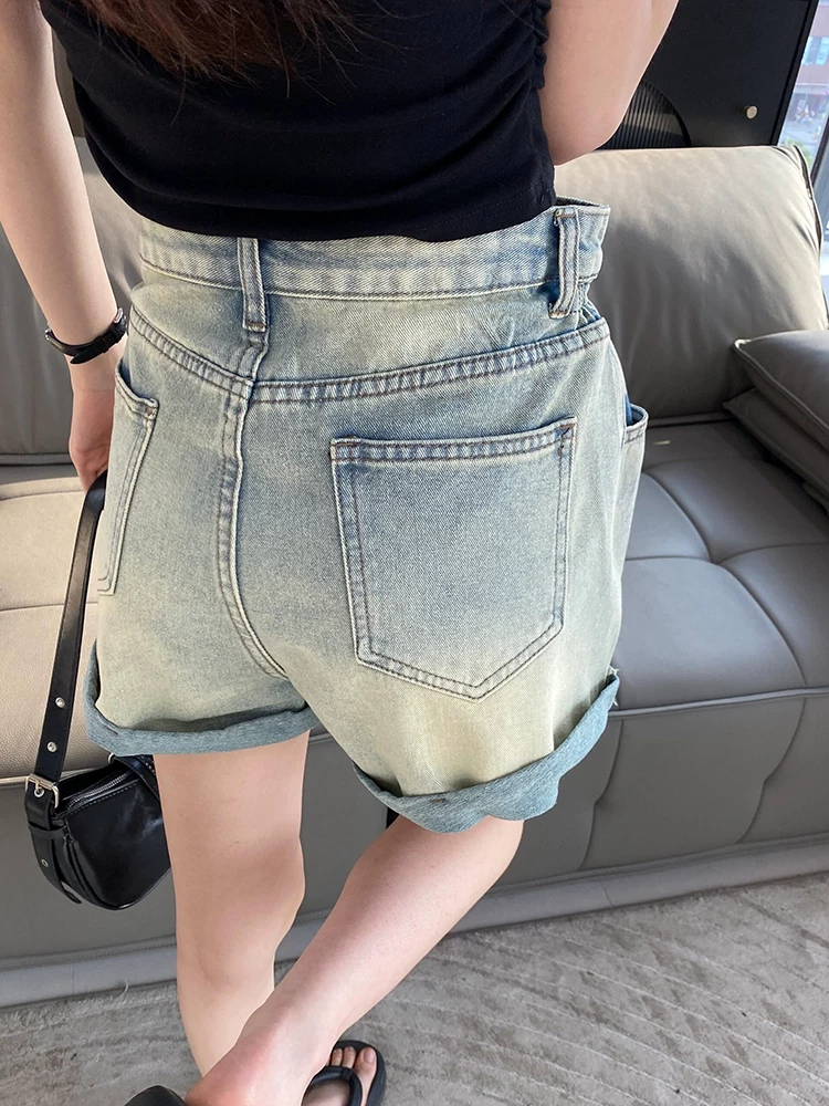 Quần short denim viền lượn sóng dành cho nữ, size lớn mùa hè, kiểu dáng thời trang đính đá cao cấp, cạp cao, dáng rộng, tôn dáng, quần ống rộng chữ A