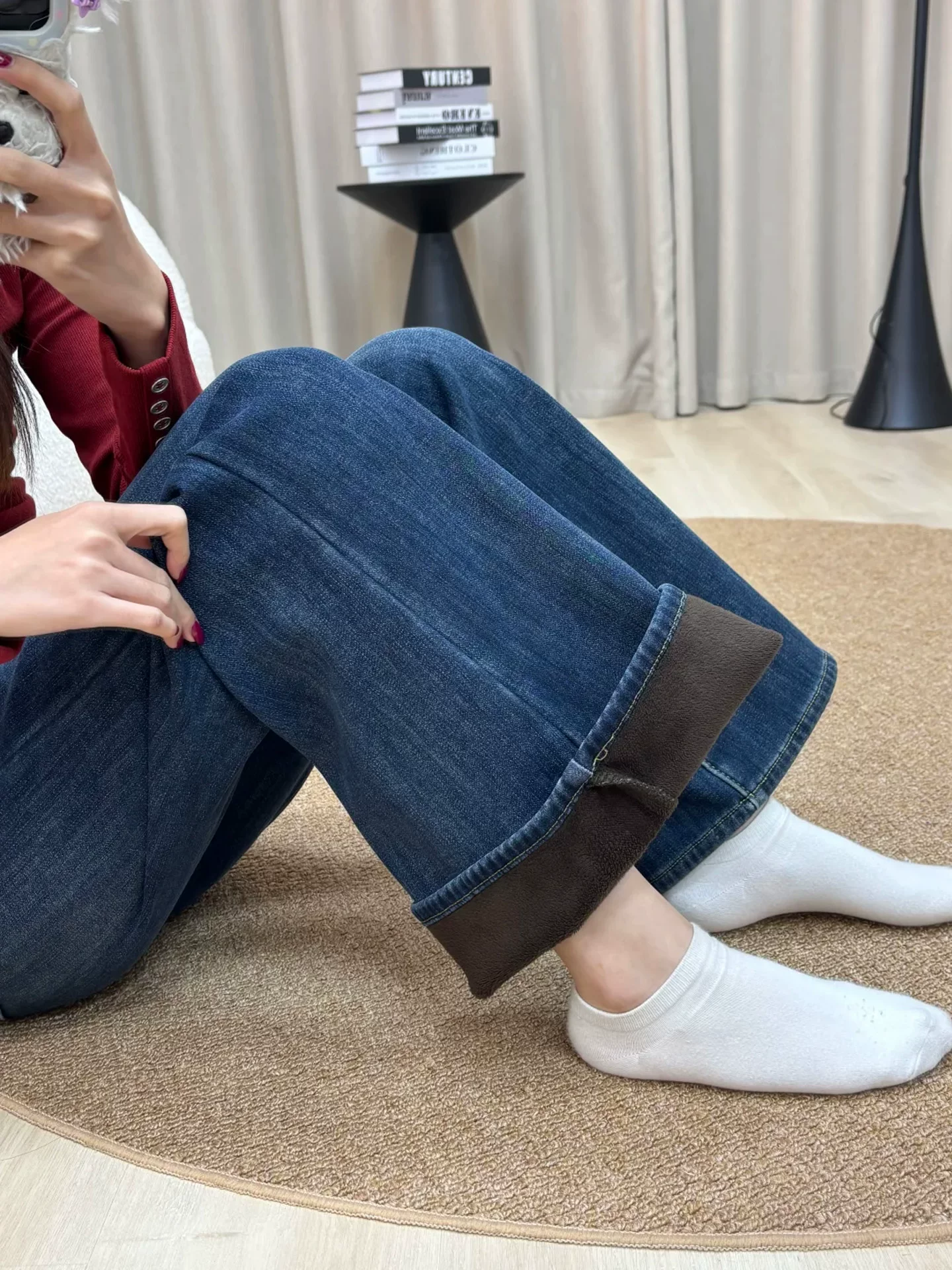 Quần jean nữ ống loe cạp cao màu xanh đậm cổ điển, lót lông cừu mùa đông, size lớn, cạp cao, dáng rộng, tôn dáng, quần dài ống loe