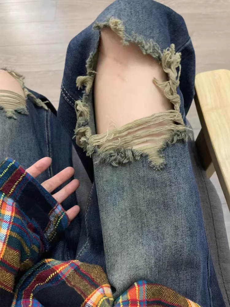 Quần jean ống thẳng rách kiểu Mỹ cổ điển dành cho nữ, phong cách mùa xuân mới, cỡ lớn, lưng cao, dáng rộng, tôn dáng, ống rộng, quần dài chạm sàn