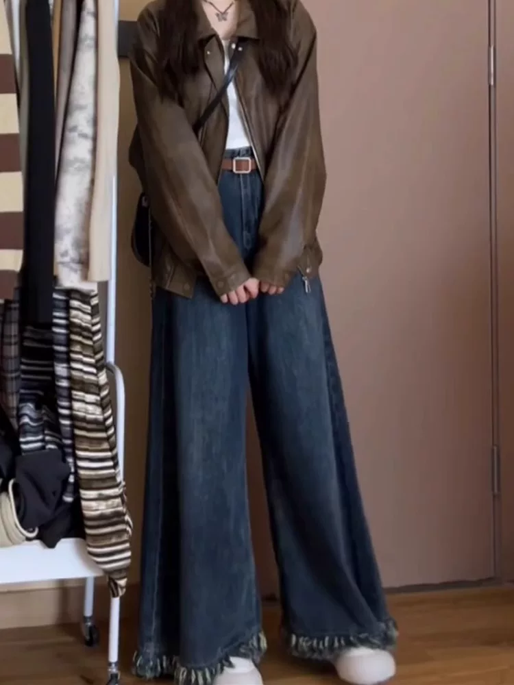 Quần jean ống thẳng dáng quả lê dành cho nữ, mùa thu, cỡ lớn, mập mm, hông rộng và đùi dày, lưng cao, dáng rộng, dáng suông, quần ống rộng chữ A