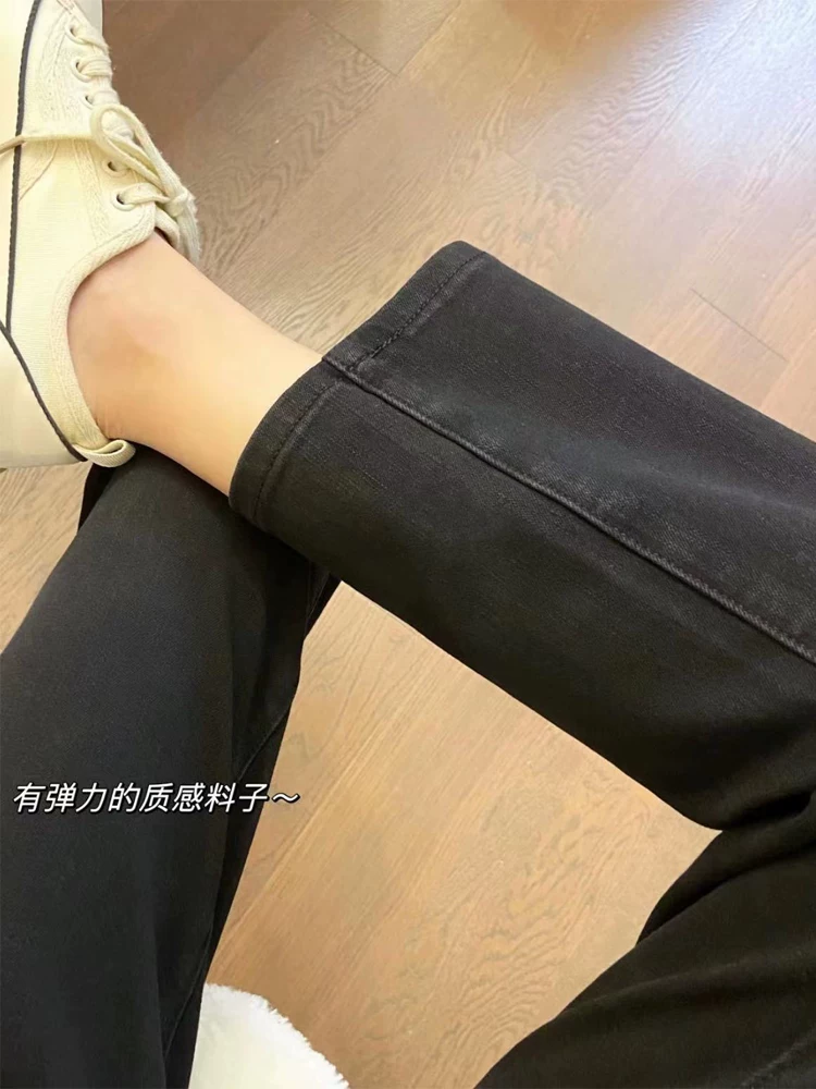 Quần jean ống thẳng dáng quả lê dành cho nữ, cỡ lớn, lót lông cừu, lưng cao, co giãn, che hông, giảm béo, quần ống rộng hẹp