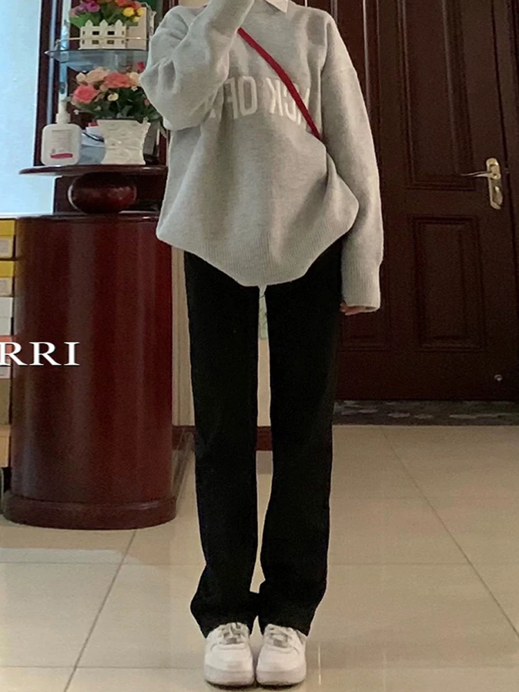 Quần jean đen ống thẳng cho nữ, phong cách đầu thu, cỡ lớn, lưng cao, dáng rộng, tôn dáng, dáng quả lê, quần ống rộng hẹp