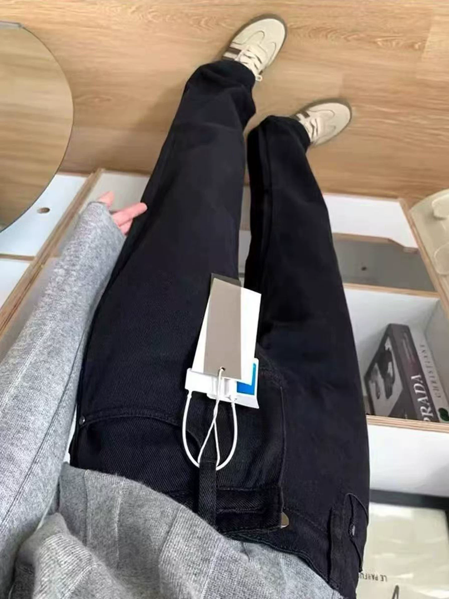 Quần jean đen dày có lót lông cừu dành cho nữ, cỡ lớn mùa đông, lưng cao, co giãn, giảm béo, ống rộng, quần dài đến sàn