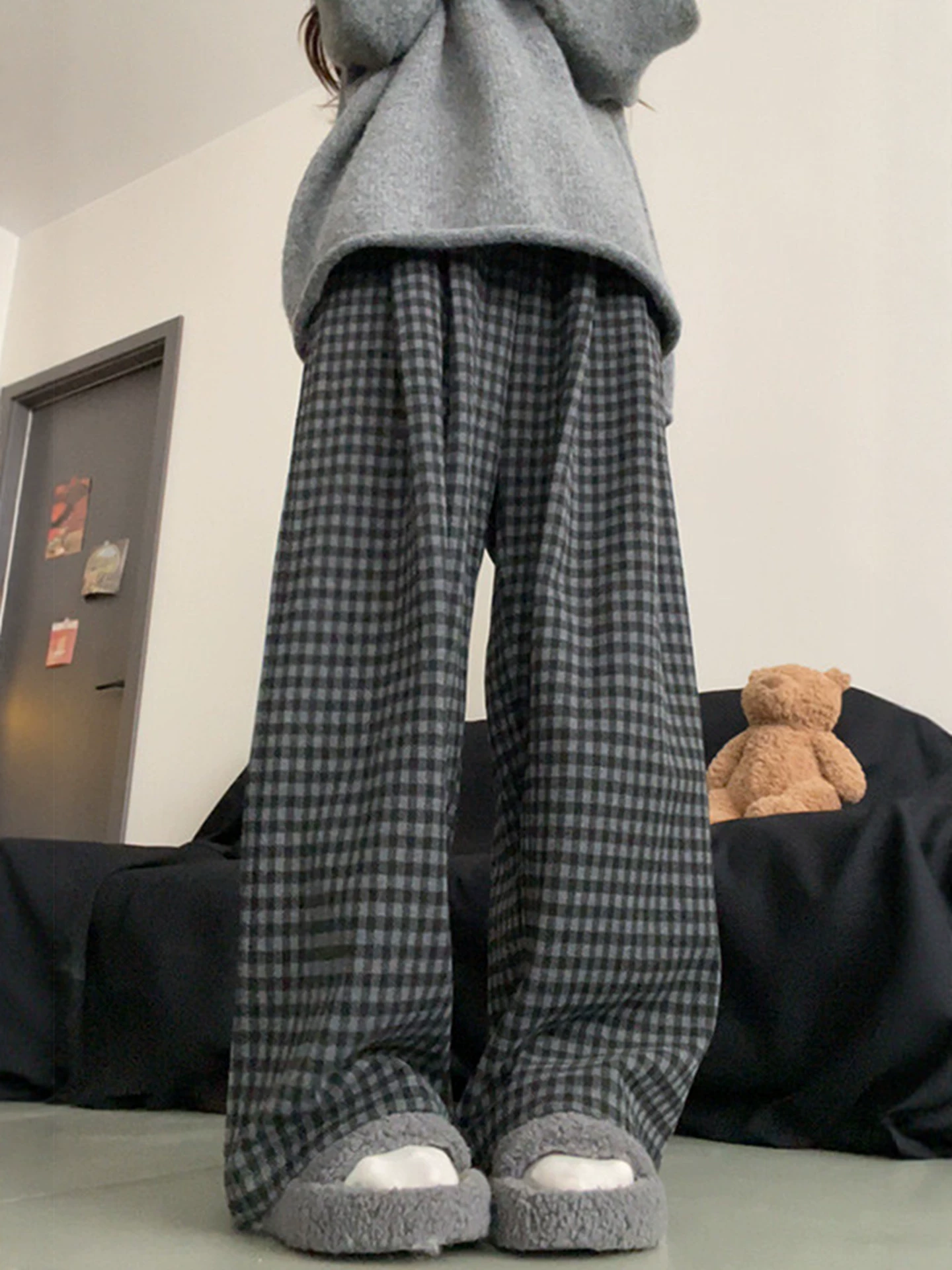 Quần ống rộng phong cách retro lười biếng dành cho nữ, lót lông cừu mùa đông, cỡ lớn, lưng cao, dáng rộng, mềm mại, tôn dáng, quần dài thường ngày