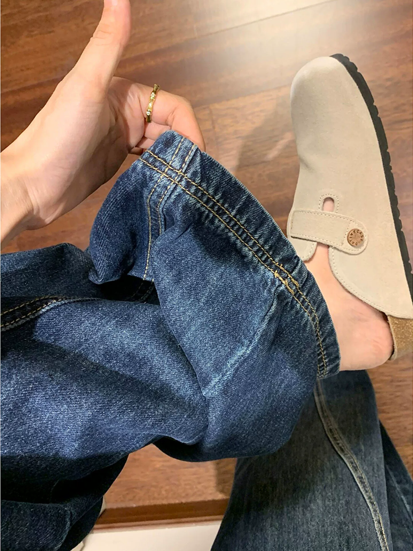 Quần jean kiểu cổ điển Mỹ dành cho nữ, phong cách đầu thu, cỡ lớn, lưng cao, dáng rộng, thon gọn, ống rộng, quần dài đến sàn