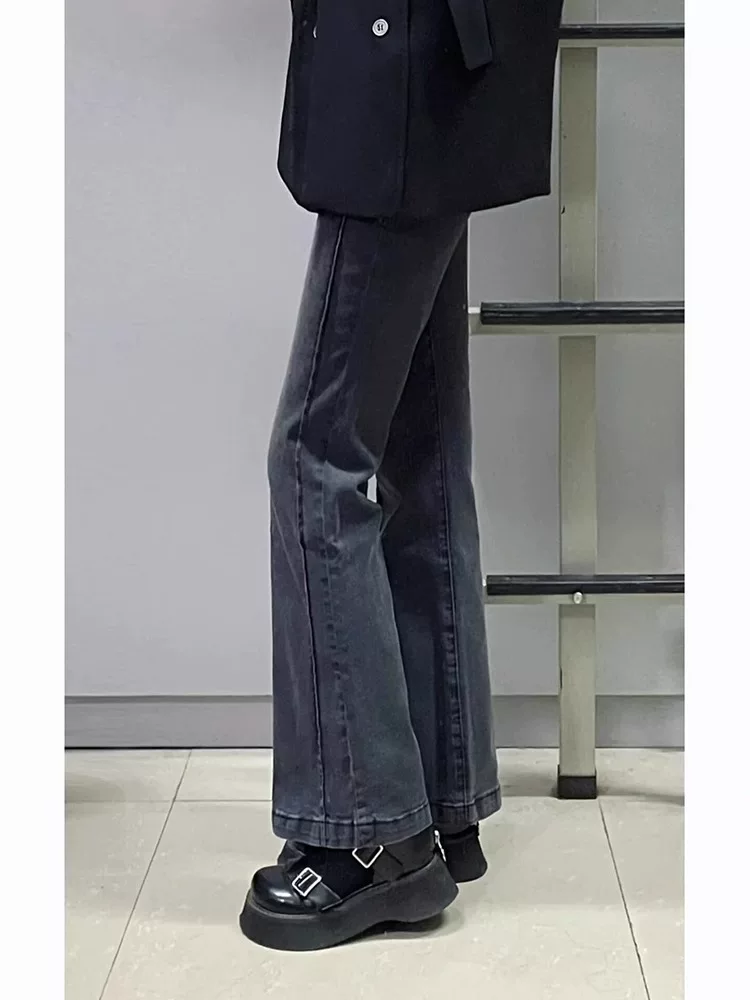 Quần jeans ống đứng xòe dành cho nữ, kiểu mới thu đông 2025, size lớn, cạp cao, co giãn, che hông, dáng quả lê, quần ống loe