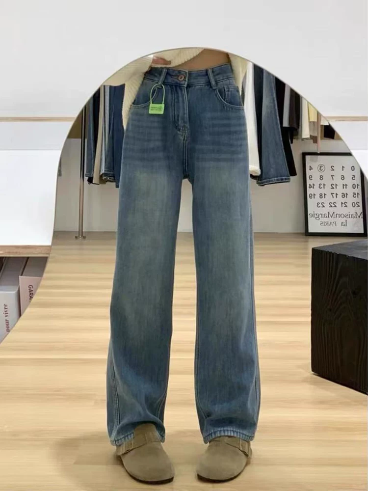 Quần jean ống thẳng màu sáng cho nữ, mùa thu đông, lót lông cừu, cỡ lớn, lưng cao, che hông, giảm béo, dáng quả lê, quần ống rộng