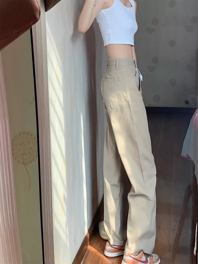 Quần jean kaki ống thẳng cho nữ, phong cách đầu thu, cỡ lớn, lưng cao, che hông, giảm béo, dáng quả lê, quần ống rộng