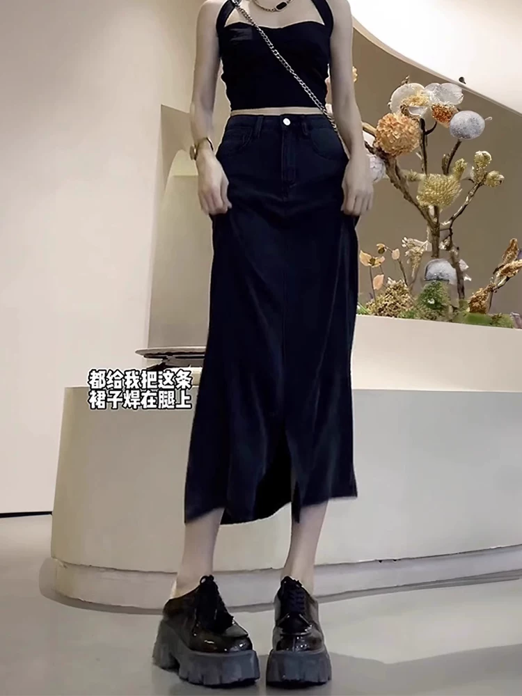 Váy Tencel xẻ tà hình quả lê dành cho nữ, kiểu dáng mỏng mùa hè, cỡ lớn, lưng cao, váy chữ A denim thon gọn.