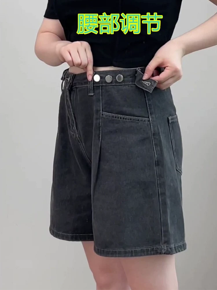 Quần short denim lưng cao màu đen và xám dành cho nữ, dáng rộng mùa hè, tôn dáng, cỡ lớn, dáng quả lê, quần ống rộng năm điểm.