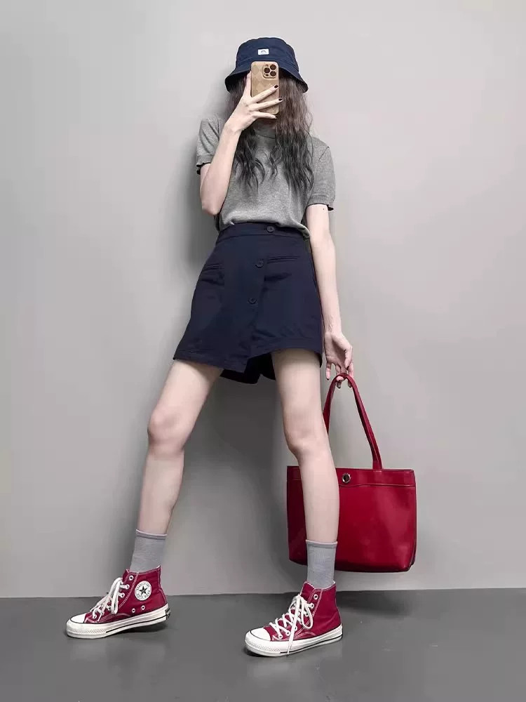 Váy chữ A dáng quả lê không đều cho nữ, cỡ lớn mùa hè, cạp cao, che hông, váy ngắn dáng suông giúp thon gọn