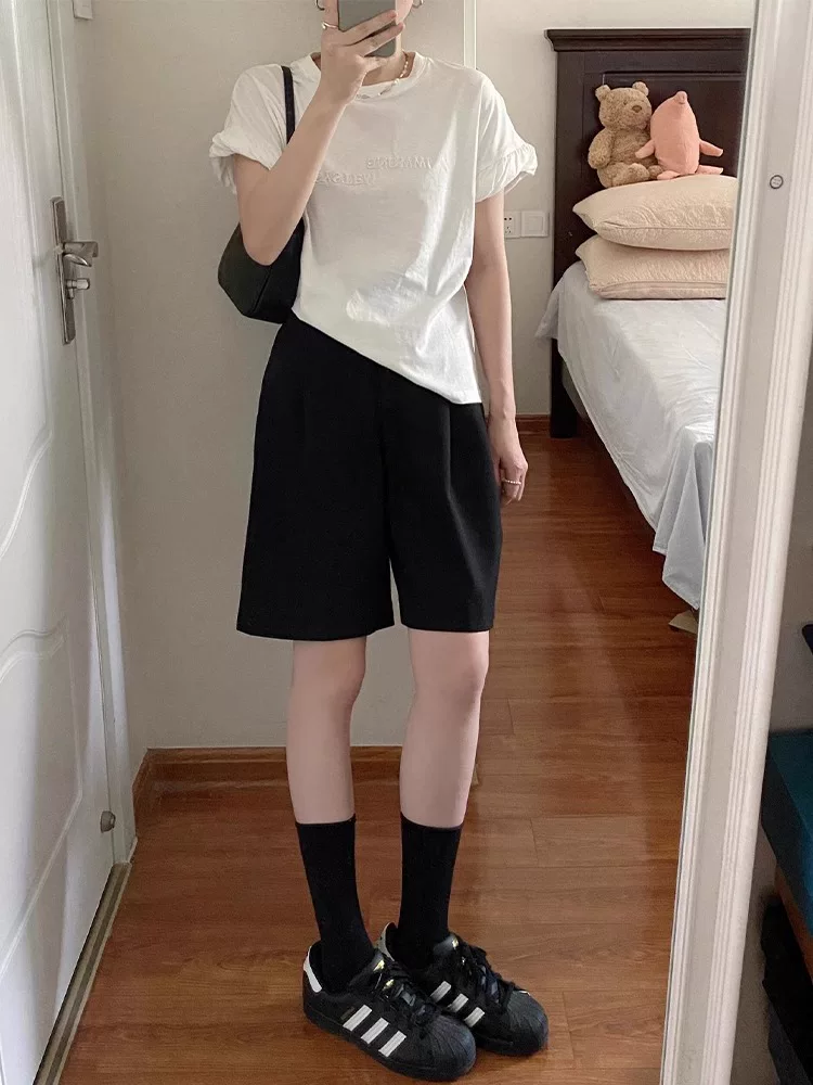 Quần short dáng lê dành cho nữ, size lớn mùa hè, cạp cao, dáng rộng, tôn dáng, ống rộng, quần dài trung bình, kiểu dáng thường ngày.