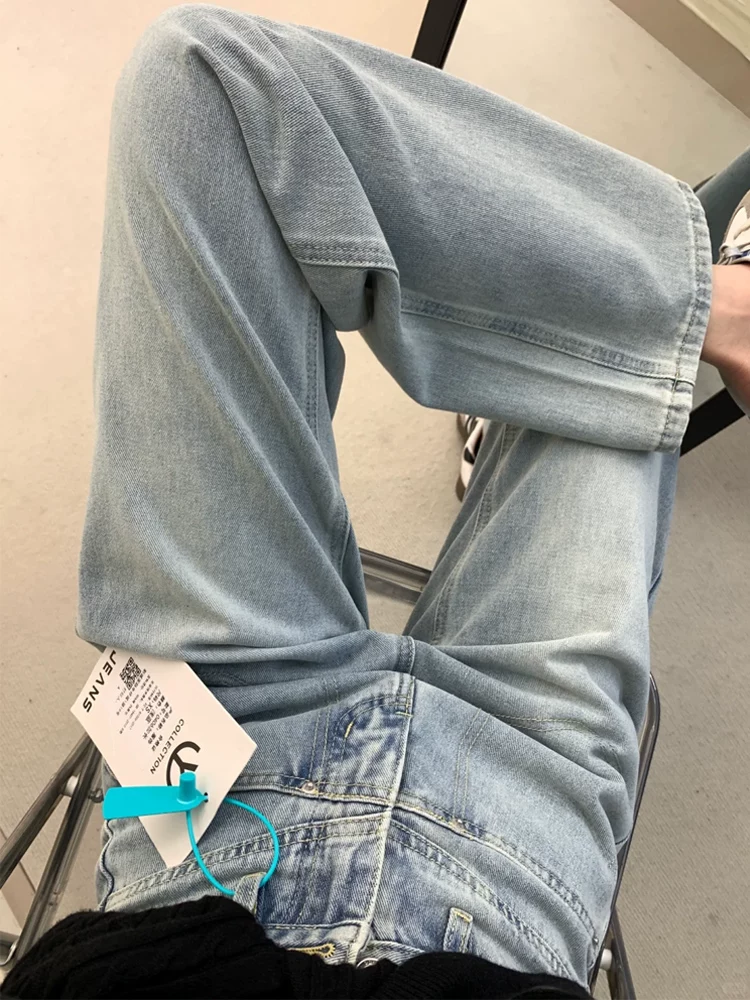 Quần jeans ống đứng màu xanh nhạt dành cho nữ thu đông 2024, size lớn, chất liệu lót lông dày giữ ấm, cạp cao, che hông, dáng rộng, tôn dáng