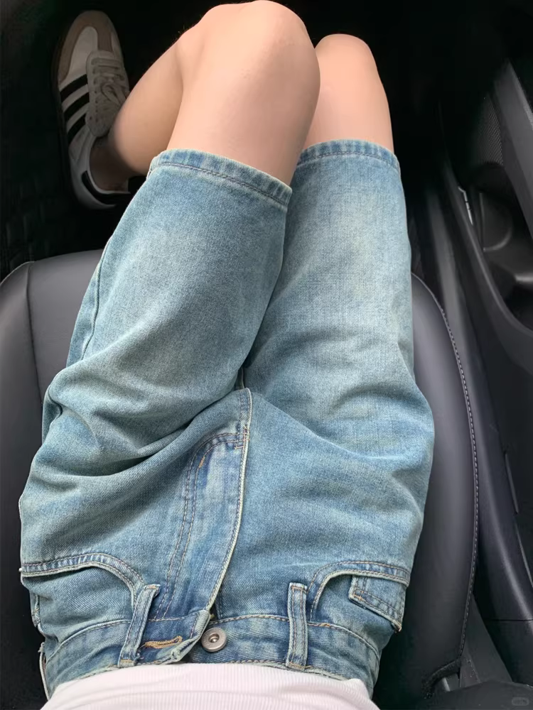 Quần short denim nữ, kiểu dáng mùa hè, cỡ lớn, lưng cao, dáng rộng, tôn dáng, dáng quả lê, ống rộng thẳng, quần short dài vừa phải.