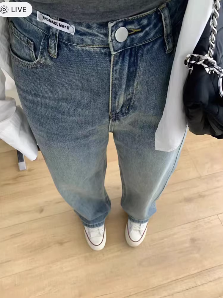 Quần jeans ống đứng màu xanh retro dáng quả lê dành cho nữ, size lớn, hông rộng, đùi dày, cạp cao, dáng rộng, tôn dáng, quần ống rộng