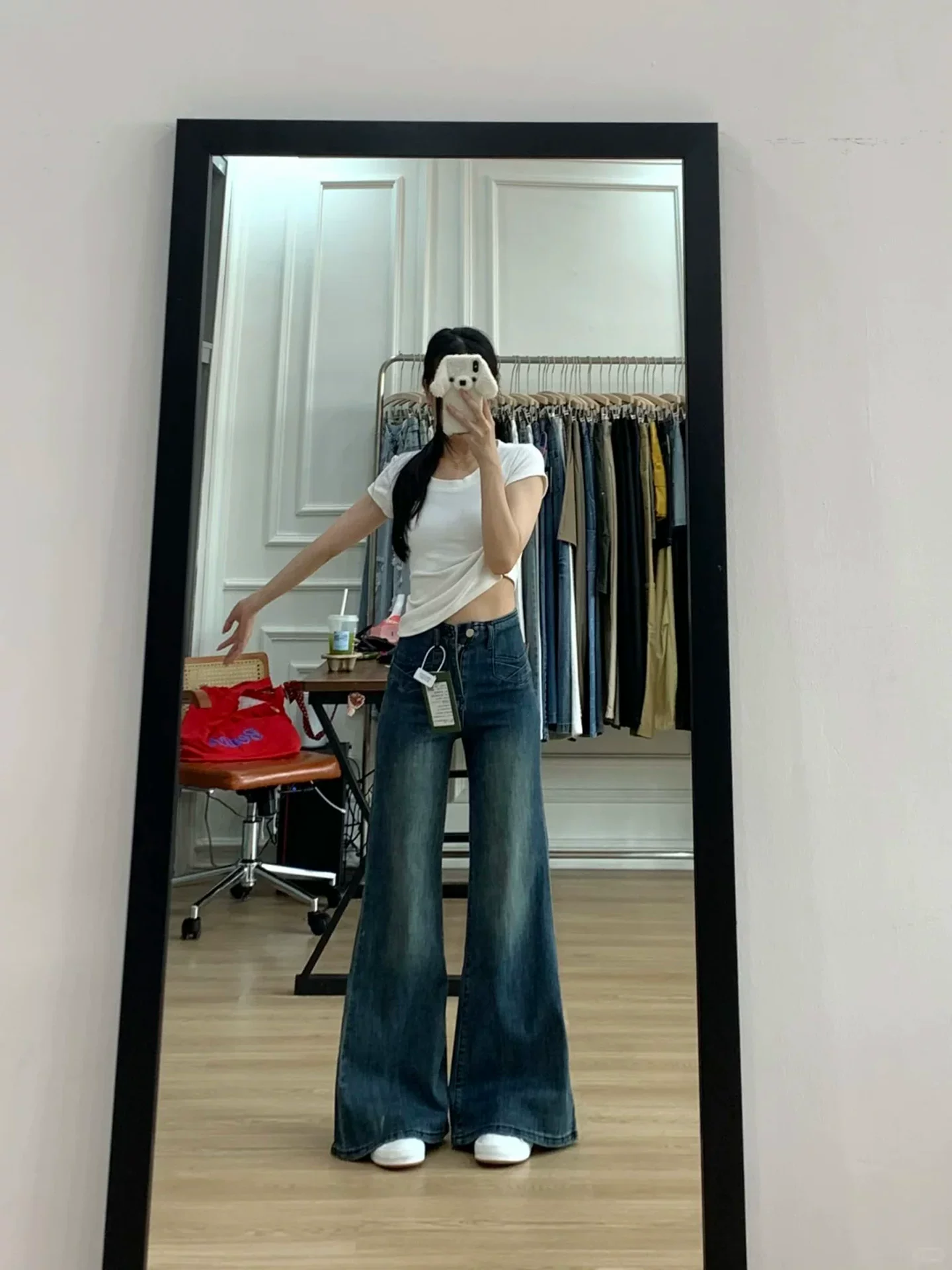Quần jeans dáng loe cổ điển dành cho nữ, kiểu mới mùa thu 2025, size lớn, cạp cao, co giãn, quần ống chuông che hông