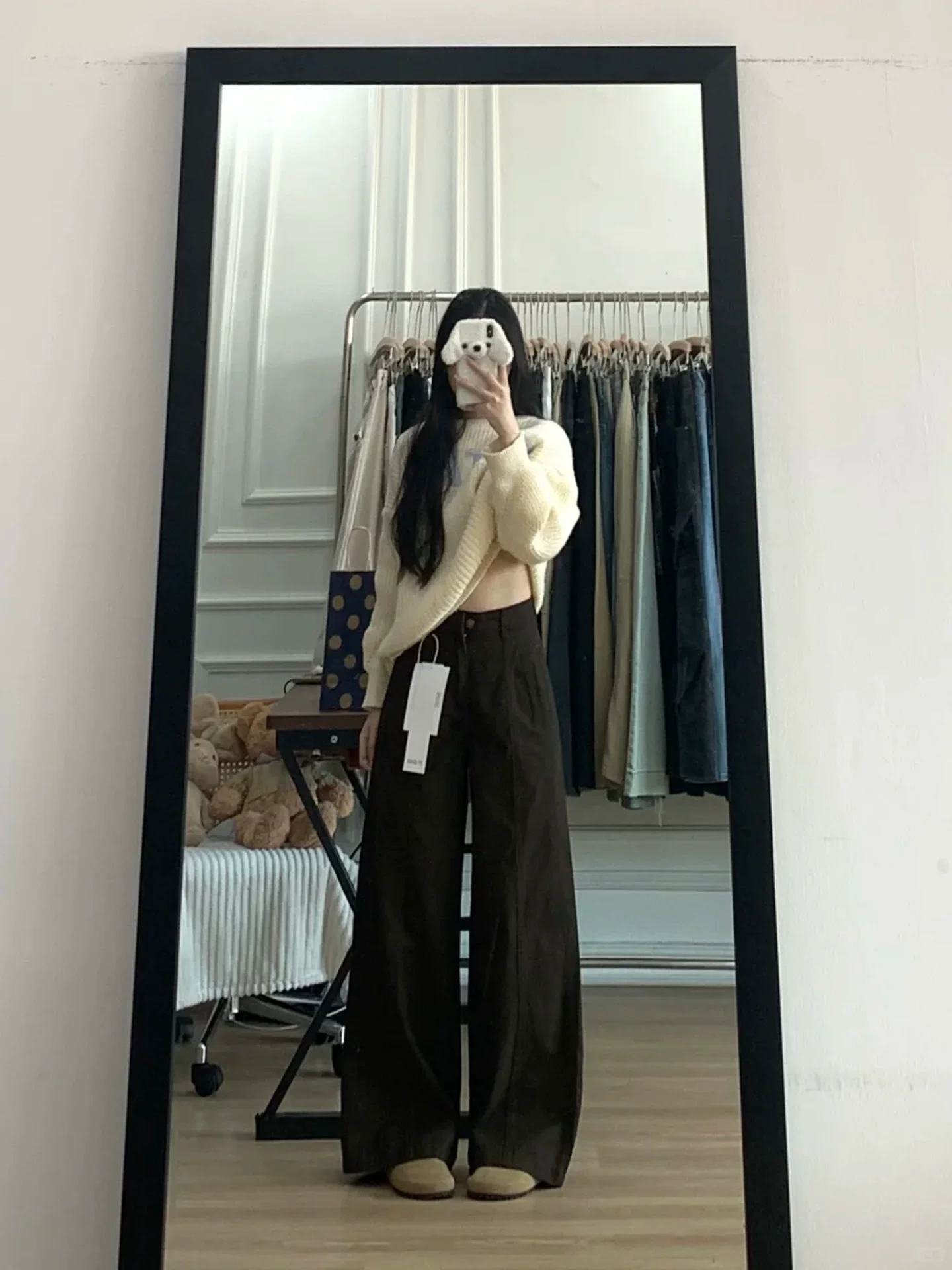 Quần jean ống đứng lưng cao màu cà phê Melard dành cho nữ, mùa thu đông, cỡ lớn, giảm béo, quần ống rộng, quần dài.