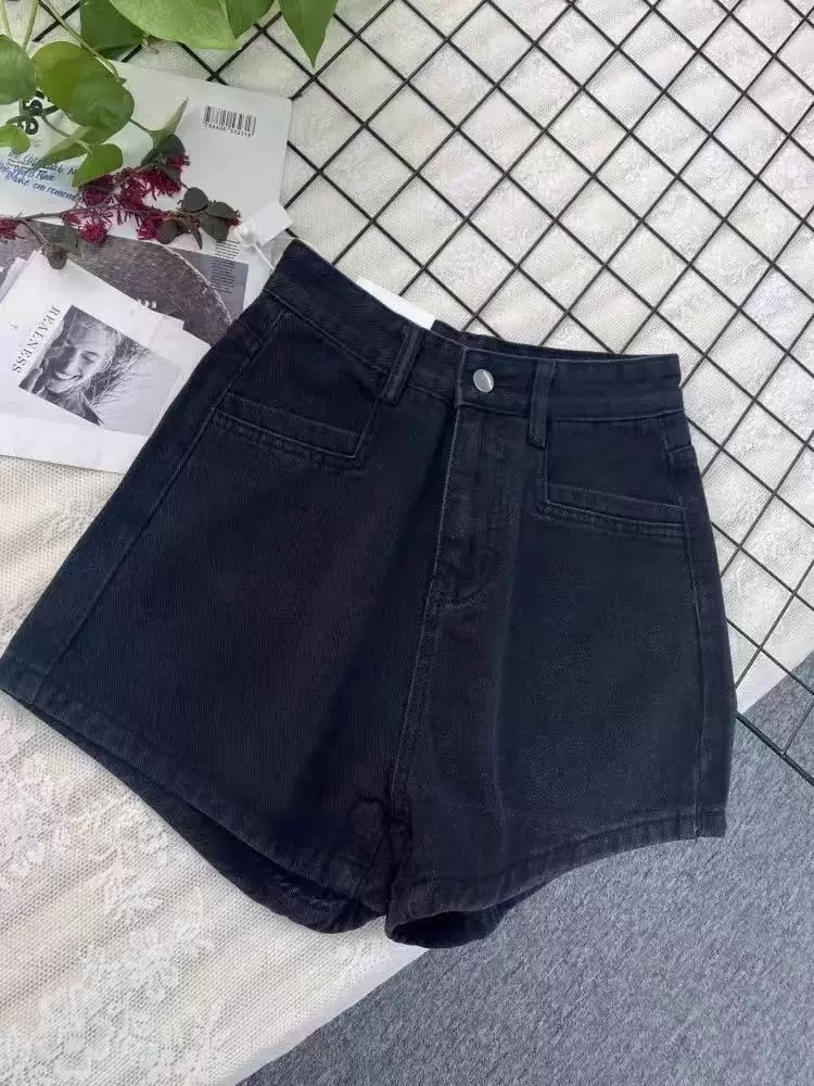 Quần short denim đen cho nữ, cỡ lớn mùa hè, lưng cao, che hông, giảm béo, dáng quả lê, quần ống rộng chữ A