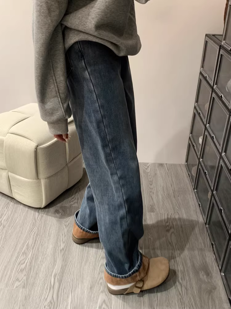 Quần jean ống rộng dày lót lông màu xanh cổ điển dành cho nữ, mùa thu đông, cỡ lớn, cạp cao, che hông, giảm béo, quần ống thẳng hẹp.